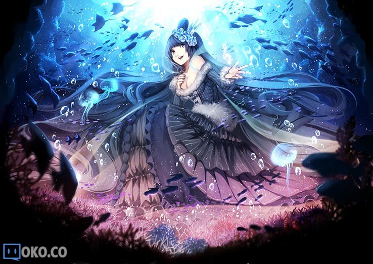 Konachan.com - 177966 animal bubbles cleavage crown dress fish hakura_kusa long_.jpg